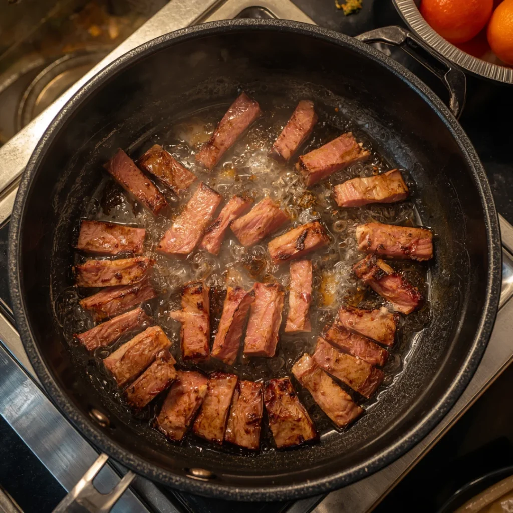 Carne em tiras sendo grelhada em panela quente