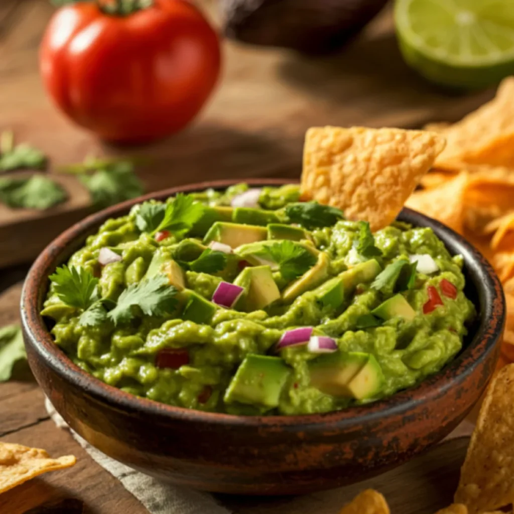 Guacamole pronto com textura cremosa e pedaços visíveis