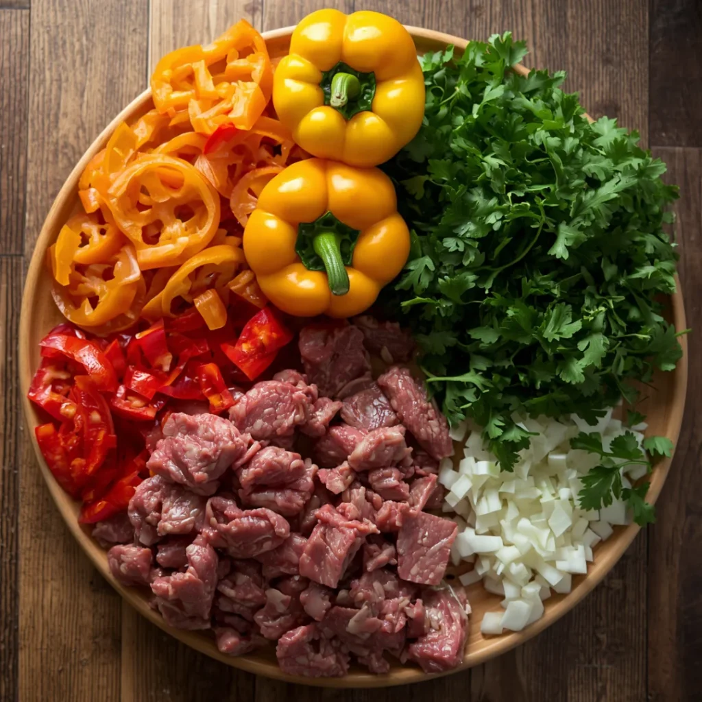 Ingredientes crus para fajitas com carne, pimentões e cebola