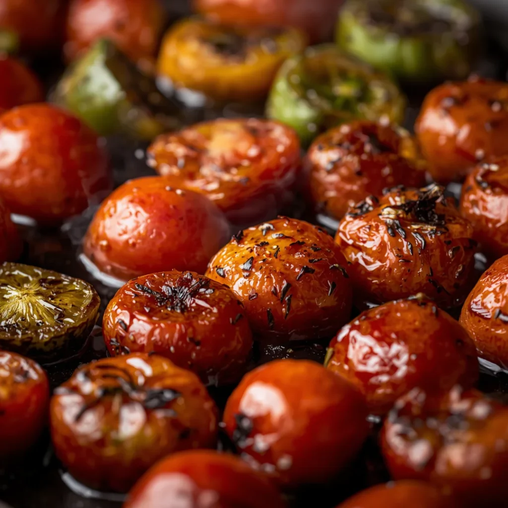 Tomates e pimentas sendo tostados em chapa quente